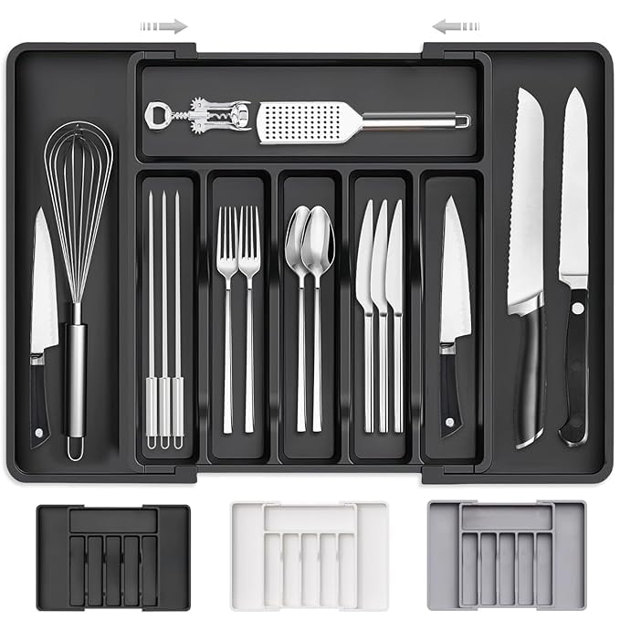Utensil Organizer for Kitchen Drawers, Expandable Cooking Utensil Tray, Adjustable Cutlery Silverware Flatware Holder, Plastic Kitchen Spatula Tools and Gadgets Storage Divider, Large (Black)