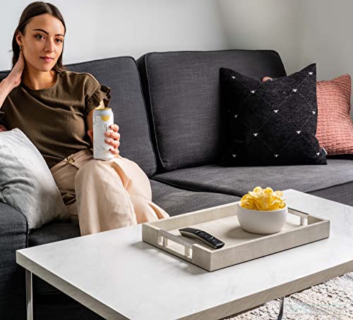 Home Redefined 18”X12” Natural Ivory Beige Rectangle Shagreen Faux Leather Decorative Serving Tray With Metal Handles Coffee Table Room Decor #TOP1