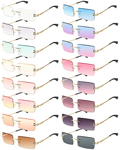 Flutesan 16 Pairs Y2k Rimless Rectangle Sunglasses Pack Tinted Frameless Square Glasses Rimless Shade Glasses for Men Women