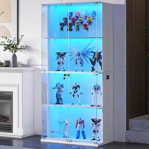 Gurexl 168 CM Vitrina de Cristal con LED luz y Sensor de Movimiento,Vitrinas de 4 Niveles para Colecciones con Puerta de Cristal con Cerradura,Curio Vitrina para Sala de Estar,Coleccionables,Blanco