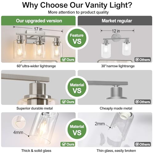 Image of Indoi 3-Light Bathroom Light Fixtures, Brushed Nickel Modern Vanity Lights with Clear Glass Shades, Bathroom Wall Lamp for Mirror Living Room Cabinet Bedroom Porch