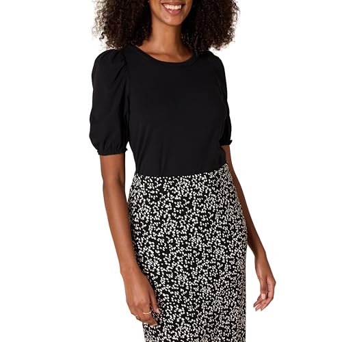 Amazon Essentials Damen Kurzarm-T-Shirt mit Rundhalsausschnitt und Puffärmeln, Normale Passform, Schwarz, XL