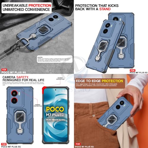 Image of AESTMO Armor Back Cover for Poco M7 Plus 5G | Ring Holder & Kickstand & Camera Protection in-Built | 360 Degree Protection Back Case Cover (Blue)