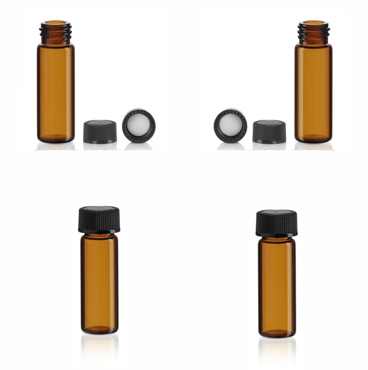 MagnaKoys 1 Dram Clear or Amber Glass Vials w/Black Caps for Essential Oils & Liquids (1 Dram, Amber, 4)