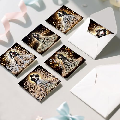 Image of AiYuanzsh 6 Pack Diamond Painting Greeting Cards with Envelopes, DIY 5D Diamond Art Card Kit Romantic Wedding Couples, 30x15cm Handmade Rhinestone Cards Crafts for Wedding Wishes and Celebration
