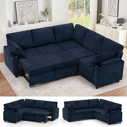 Image of 85 inch Chenille Sectional Sofa w /Pull Out Bed & Storage Space, Blue | Upholstery L Shaped Couch w /Cup Holders, Modern Corner Sofa w /USB Charging Port & Throw Pillow for Living Room
