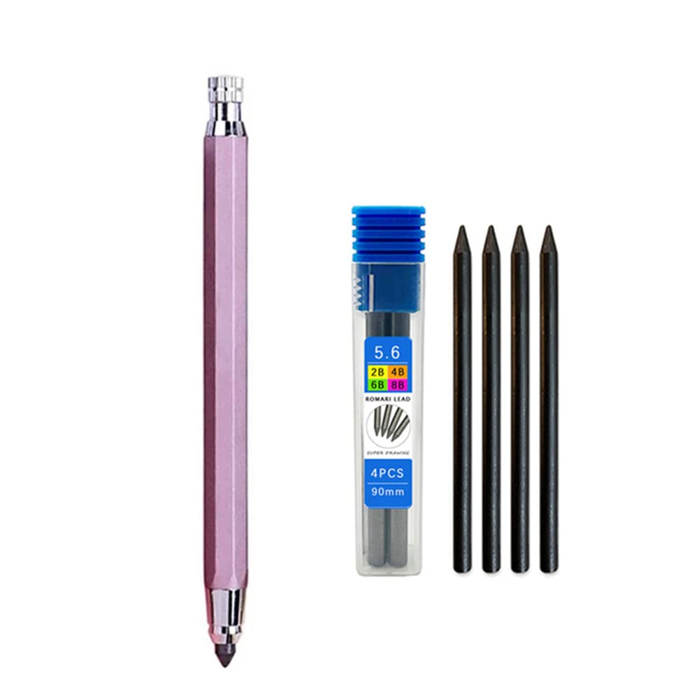 5.6mm metal drawing pencil with 4 2B 4B 6B 8B lead sets professional art sketch mechanical pencil Kawaii stationery can be filled (Pink)