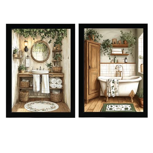 Nacnic Set de 2 Cuadros de Baño Rústicos con Ilustración Impresa en Estilo Pintura al Óleo Vintage para Decorar, Arte de Pared para Inodoro, Ducha, Baño, WC de Casa de Granja A4 Sin Marco