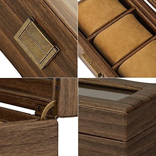 Image of House of Quirk Wooden Watch Box for Organizer, 3 Slots Watches Display Case Storage Boxes with Glass Lid (Wooden)