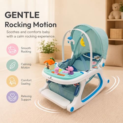 Image of StarandDaisy Dreamy Baby Rocker Chair with Play Tray, Mosquito Net & Toy Bar | Adjustable Recline, 3-Point Safety Harness | Infant Rocking Seat, Feeding Chair for Newborns & Toddlers 0-3 Years (Green)