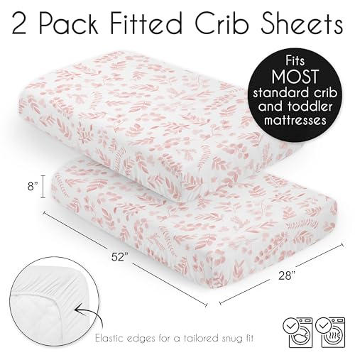 Image of Sweet Jojo Designs Blush Pink and White Boho Floral Leaf Girl Baby Fitted Crib Sheet Set Infant Newborn Nursery Toddler Bed Room Standard Mattress 2p Chic Bohemian Watercolor Botanical Flower Woodland