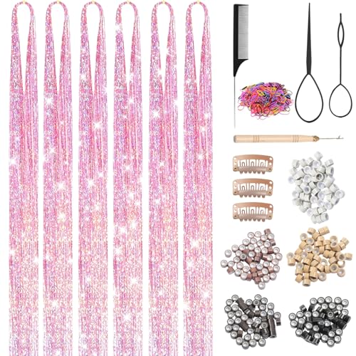 XSASLYET Hair Tinsel Dream Pink Hair Tinsel Kit for Girls 1800 Strands
