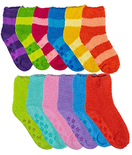 12 Pairs Pack Kids Girls Colorful Creative Fun Novelty Design Crew Socks (6-8, Slipper cozy)