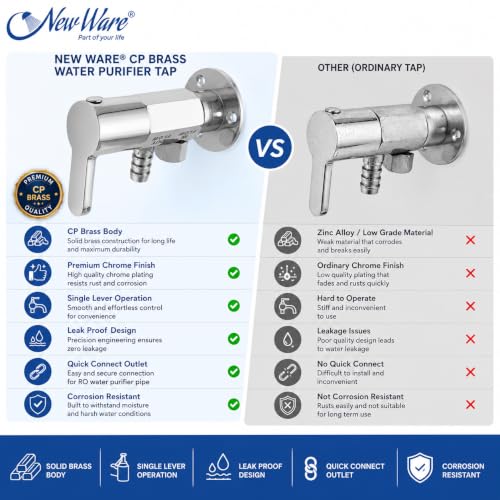 Image of New Ware CP Brass Water Purifier Tap Wall Mount Single Lever RO Water Filter Faucet with Quick Connect Outlet, Leak Proof Chrome Finish Replacement Tap for Home Kitchen Drinking Water Purifier