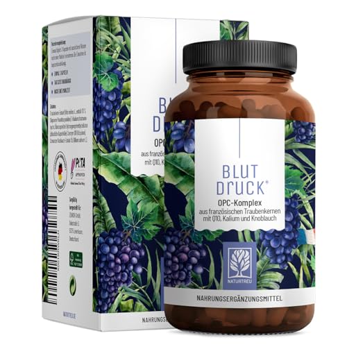 NATURTREU® Blutdruck - OPC Traubenkernextrakt hochdosiert 900mg Extrakt mit Q10, Kalium & schwarzem Knoblauch - Französische Trauben vegan - 90 Traubenkernextrakt OPC Kapseln hochdosiert.