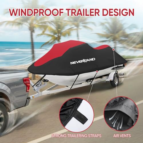 Image of NEVERLAND Waterproof Jet Ski Cover - Compatible with Yamaha Seadoo, Jet Ski Covers 2 3 Seater UV Resistant Heavy Duty Cover with 2 Air Vents Suitable for 2 3 Seater Lengths 115'' to 120 inch(Red)
