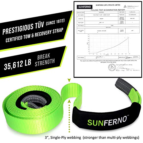 Sunferno Recovery Tow Strap 35000Lb - Recover Your Vehicle Stuck In Mud/Snow - Heavy Duty 3" X 20' Winch Snatch Strap - Protective Loops, Water-Resistant - Off Road Truck Accessory - Storage Bag #TOP1