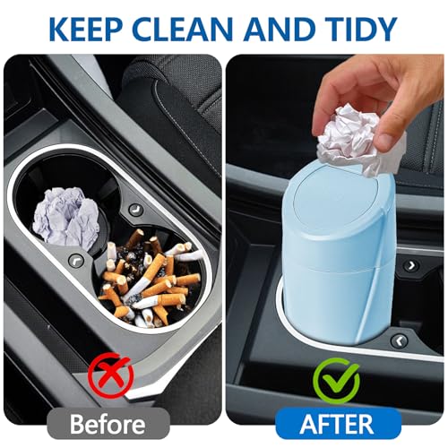 Image of Hovom Mini Car Trash Can with Lid, Portable Garbage Can for Car, Leakproof Cup Holder Automotive Garbage Bin with 2 Rolls of Trash Bags, Small Trash Storage Can for Car Home Office(Light Blue)
