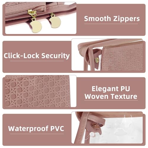 Makeup Bag Set of 2 – Clear PVC Toiletry Bag with Zipper & PU Leather Cosmetic Pouch, Travel Makeup Organizer Bags for Women, Portable Leather Pouch for Purse or Travel, Brown 7