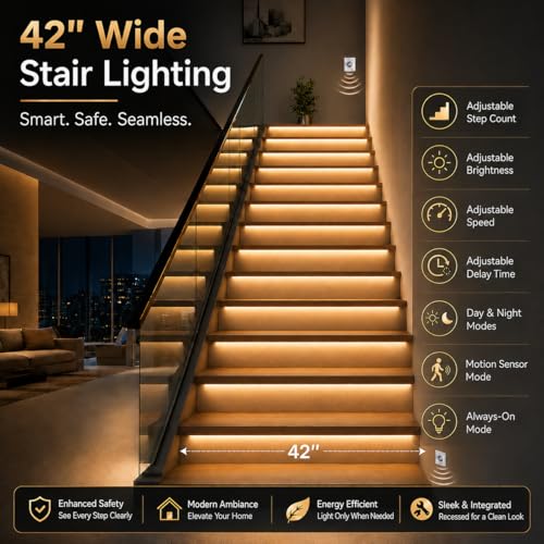 Image of KMG-3233 Motion-Activated LED Stair Lighting Kit with Wall Switch, 42 inch Long Cuttable LED Strip Light for Indoor LED Stair Lights (Warm White 3000K, 12 Stairs)