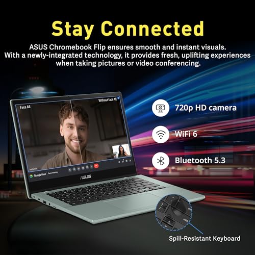 Image of ASUS Chromebook Flip 14 inch FHD Touchscreen Laptop, MediaTek Kompanio 520, 4GB LPDDR4X, 64GB eMMC, MediaTek Integrated Graphics, 720p HD Webcam, WiFi 6, Long Battery Life, Chrome OS, Gray Green (Renewed)