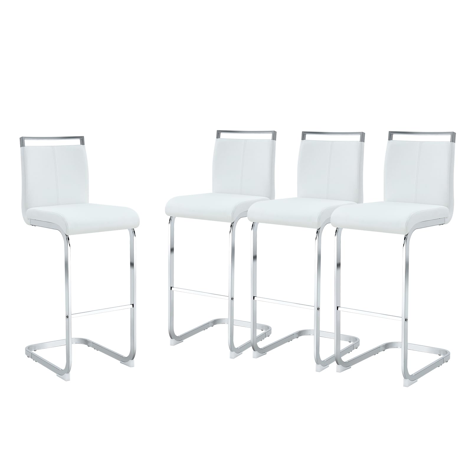 30'' Counter Height Bar Stools Set of 4, Modern Upholstered PU Leather BarStools with Back Chrome Plated Metal Frame, 30 inch Armless Bar Chairs for Kitchen Island (White+Silver, Set of 4)
