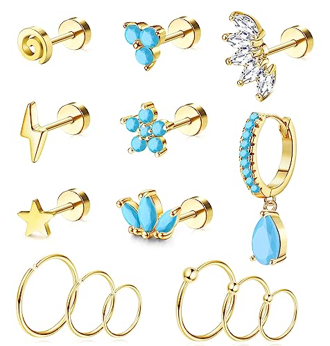 Adramata 14 Piezas 16G Piercing Oreja Acero Quirurgico Pendientes De Turquesa, Cartilago Pendientes de Aro Helix Piercing Joyas,G