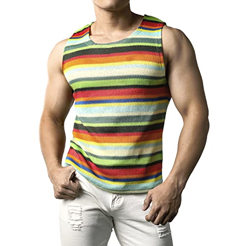 JOGAL Mens Rainbow Striped Sleeveless Shirts Multicolored Casual