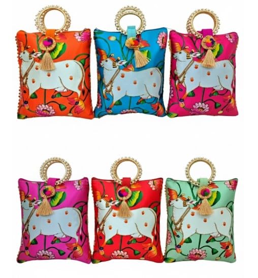the homely hub Cow Printed pichwai bag with handle | Baby Shower,Haldi, Mehandi, diwali, Navrathri golu Return Gift for Women (25CMX23CM) - Multicolour (Pack of 6)-picture-41