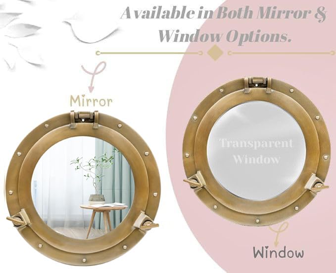 Bullauge-Spiegel und Fenster aus Aluminium mit Schiffen – nautischer runder Wandspiegel mit robustem Rahmen für Badezimmer, Wohnzimmer und Außenbereich (Golden, Mirror, 30 inch) – Bild 3