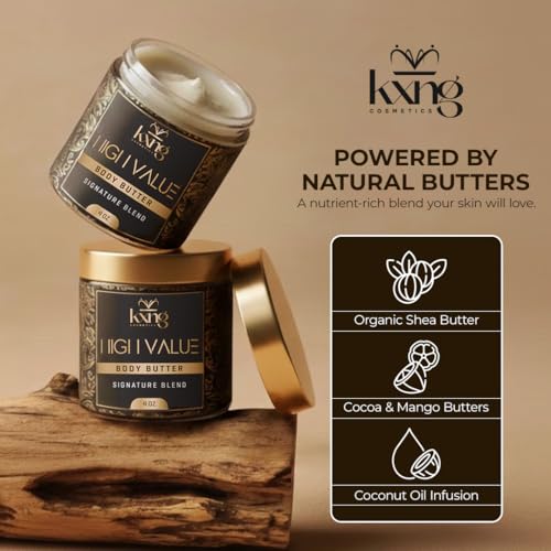 Image of KXNG Cosmetics Shea Body Butter Cream - 4oz | Organic Body Butter for Men & Women with Shea, Cocoa, Mango & Coconut Oil | Deep Moisturizing Cream for Hands, Feet & All Skin Types - High Value