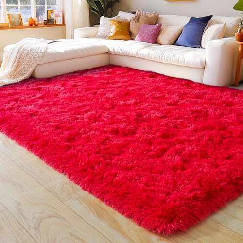 KING DARE 6x9 Area Rugs for Living Room Red Rug, Fluffy Shaggy Fuzzy Plush Furry Large Floor Carpet, Anti-Slip Washable Modern Soft Rug for Bedroom Girls Boys Room Indoor