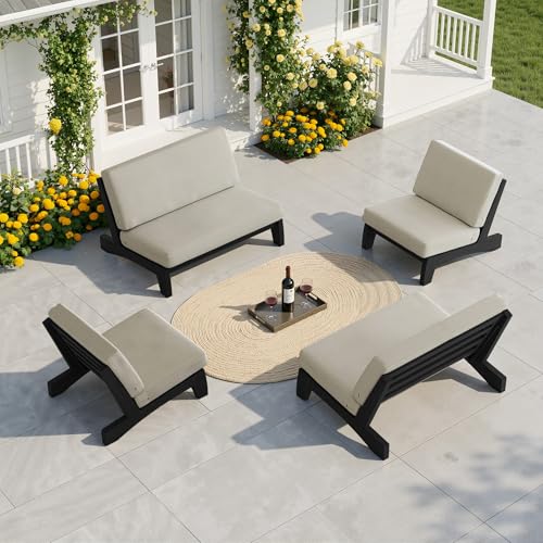 Image of Pia Ricoo 4 Piece Patio Furniture Sets, Outdoor Furniture with 2 Chairs & Coffee Table, Patio Conversation Set for Backyard, Deck, Lawn, Light Camel, Dark Wood