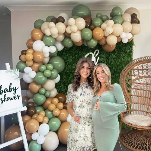 Image of BAUANOOY Green and Brown Balloons, 60pcs 12 Inch Safari Balloons with Sage Green Brown Nude Metallic Gold Latex Balloon for Jungle Forest Baby Shower Birthday Party Decorations