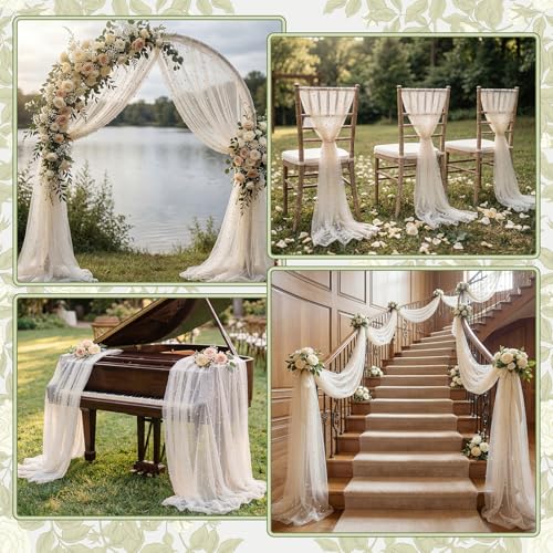 Image of Wedding Arch Draping Fabric with Pearl 28.7 inch x 20 ft Ivory White Sheer Gauze Fabric Backdrop Drapery for Wedding Arbor Ceremony Bridal Shower Birthday Party Reception Decor (Ivory White)