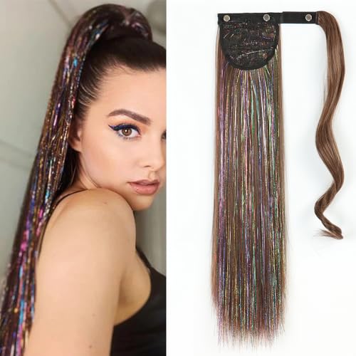 Pferdeschwanz Verlängerung mit Tinsel, Clip in Haarteil Ponytail Haarverlängerung synthetische Hitzebeständig Pferdeschwanz Haarteil für Frauen Mädchen (#2/30 natürliche schwarze Mischung hellbraun)