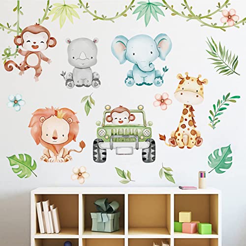 Tanlaby Stickers Mural Animaux de la Jungle Voiture Autocollants Muraux Animaux Safari Stickers Muraux Vigne Singe Zèbre pour Chambre de Bébé Pépinière D'enfant Décoration Murale De La Maison