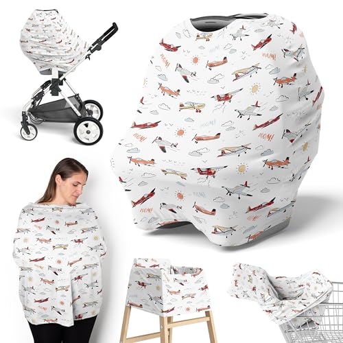 Image of Sweet Jojo Designs Vintage Airplane Boy Infant Baby Car Seat Cover Nursing Breastfeeding High Chair Shopping Cart Stroller Carseat Canopy Carrier Multipurpose Use - Yellow Orange Red White Blue Clouds