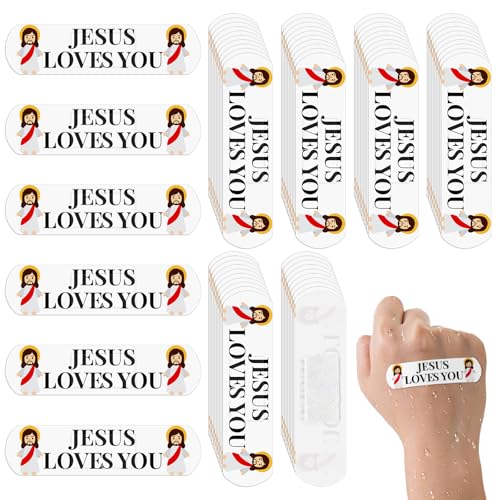 60Pcs Jesus Bandages Waterproof PE Jesus Loves You Christian Adhesive Bandages for Kids & Adults Cartoon Jesus Hypoallergenic Bandage for Minor Wound Care Sunday School & VBS Supplies Latex Free