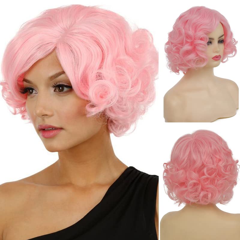 Baruisi Short Curly Pink Wigs for Women Synthetic Natural Wavy Pink Costume Cosplay Party Wig with Cap - Image 6