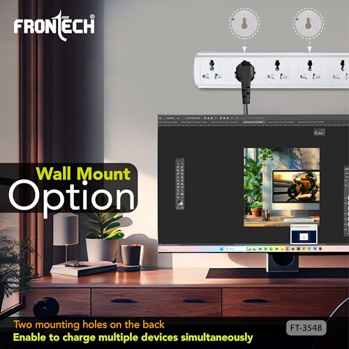 Image of FRONTECH FT-3548 Power Extension Board with 5 Universal Sockets & 1.5M Cable | Multi Plug Extension Cord with Power Safety Switch |Wall Mount Option for Home, Office & Travel (FT-3548)