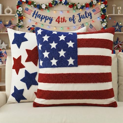 AVOIN colorlife 4th of July Patriotic Embroidered Throw Pillow Covers 18 x 18 Inch Striped Star Flag Stars Decor Tufted Patterned Linen Cushion Case for Sofa Couch Set of 2