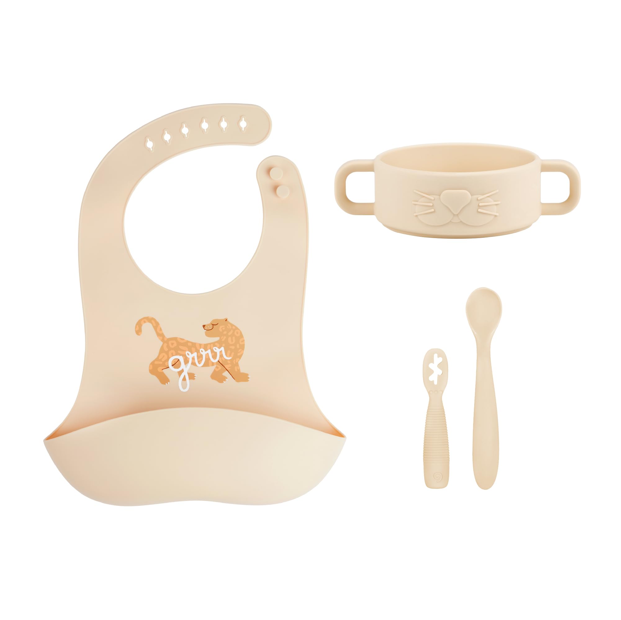 Babymoov Baby Weaning Set Mini Roar - 4 Pcs Silicone Feeding Set, Baby Bowl, 2X Baby Spoons, Weaning Bib, from 4 Months - Ideal Gift Set