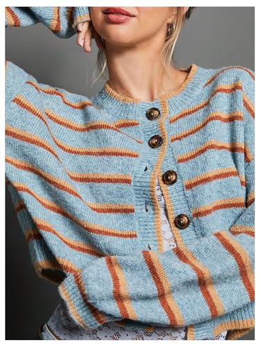 Image of BEAUDRM Women's Striped Button Down Crop Cardigans Long Sleeve Crew Neck Knitted Cardigan Sweaters Multicolor X-Large