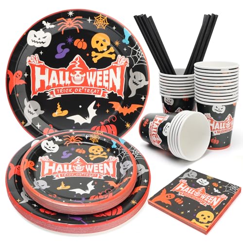 PARTY GO 125 Stück Halloween Geschirr Set Halloween Teller Secher...
