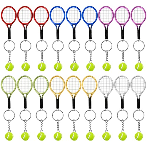 18Pcs Mini Tennis Racket Keychain Key Ring, AUHOKY Fashionable Alloy Tennis Ball Split Ring, Sport Style Split Keychain for Sport Lovers Team - Exquisite & Lightweight(6 Colors)
