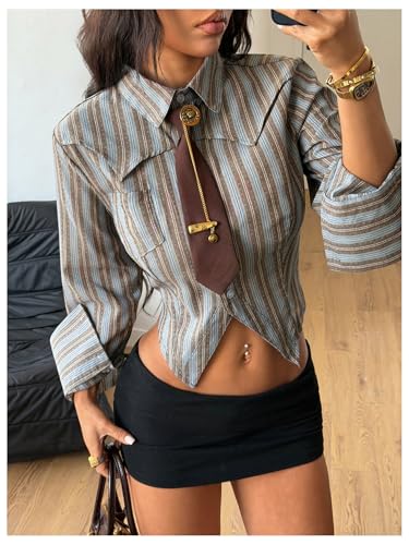 Image of SOLY HUX Women's Striped Print Button Down College Shirts Long Sleeve Tie Blouse Tops Preppy Clothes