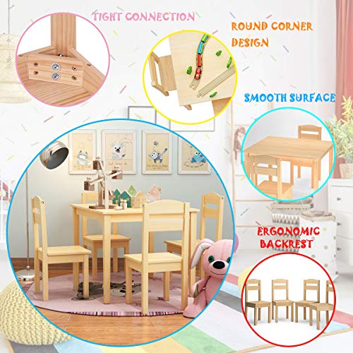Image of Nightcore Kids Wooden Table and 4 Chair Set, Activity Table Chair Set for 2 to 6 Years, Toddler Game, Playroom Furniture, Picnic Table w /Chairs, Solid Wood 5 Piece Dining Table Set (Natural)