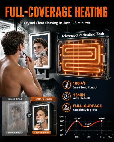 Image of Heated Shower Mirror Fogless for Shaving with 3-Color Dimmable LED Lights, Rechargeable, 360 Degree Adjustable, Drill-Free, All-in-One Storage Tray Holds Shaving Foam, Brush and 2 Razors, Black