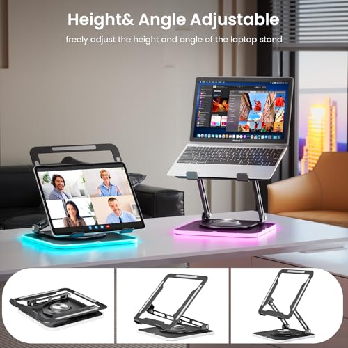 Image of JOYEKY Adjustable Laptop Stand with RGB Lighting,Aluminum Ergonomic Computer Stand with 360 Rotating Base,Foldable & Portable Laptop Riser, Suitable for All 10-16 inch Laptops (Black)